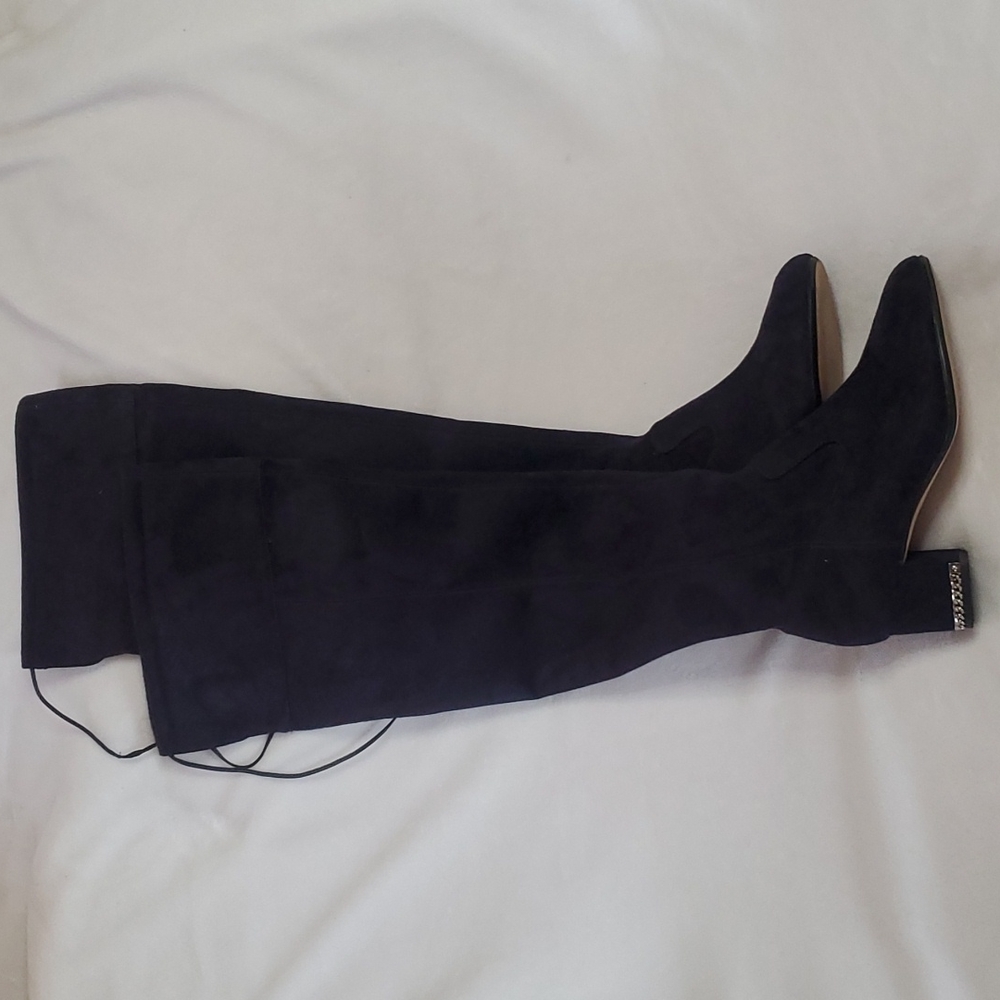 Dark Blue Suede Boot w/ embellishments on heel.